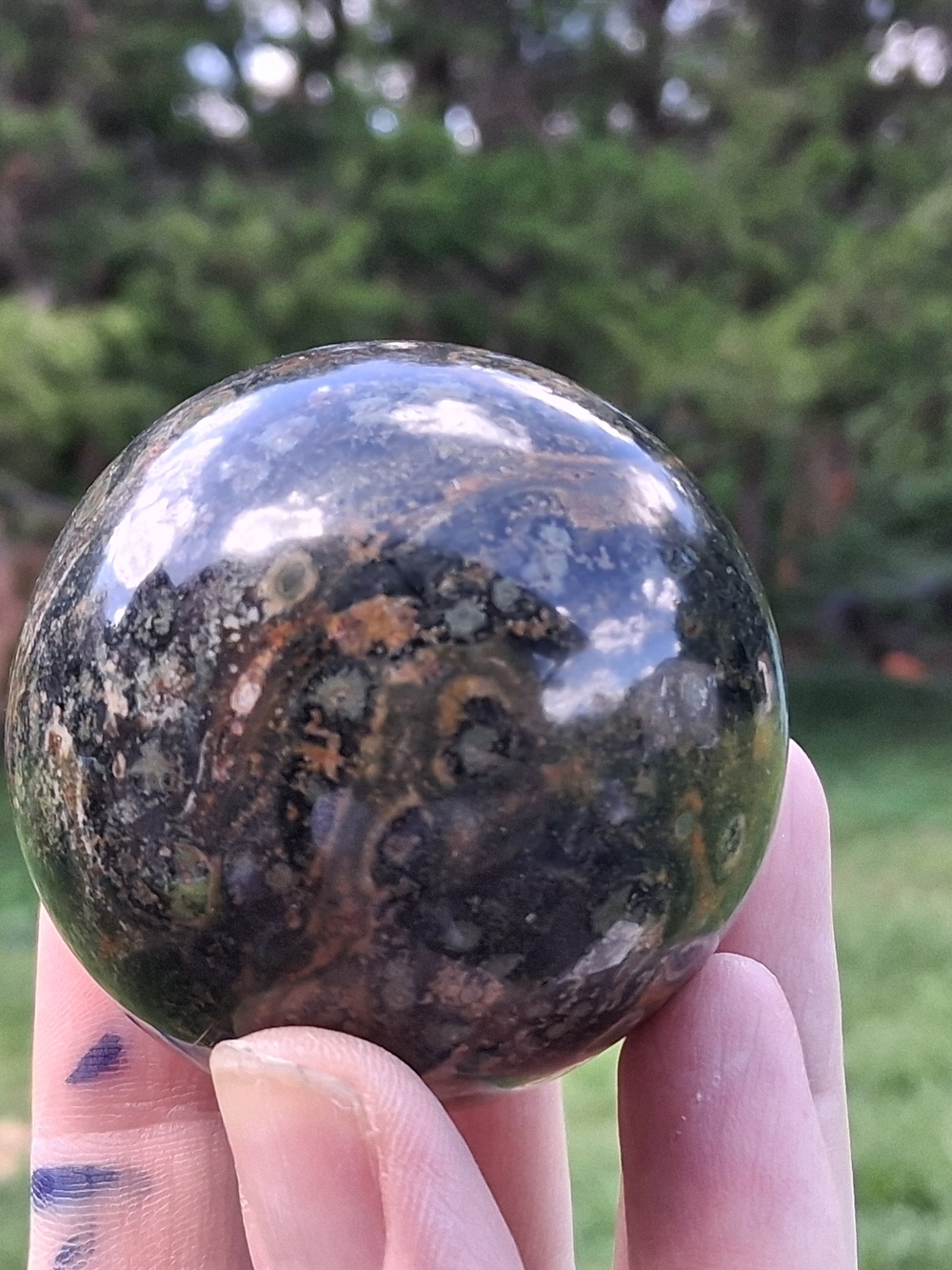 Kambaby Ocean Jasper Crystal Ball Orb Swirls Greens Browns 53.7mm
